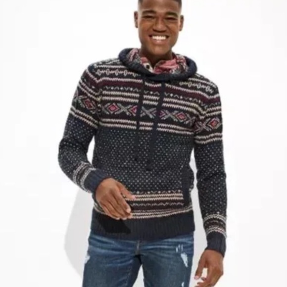 American Eagle Men's Navy Birdseye Fairisle Hoodie Sweater Size Lg - Picture 2 of 10